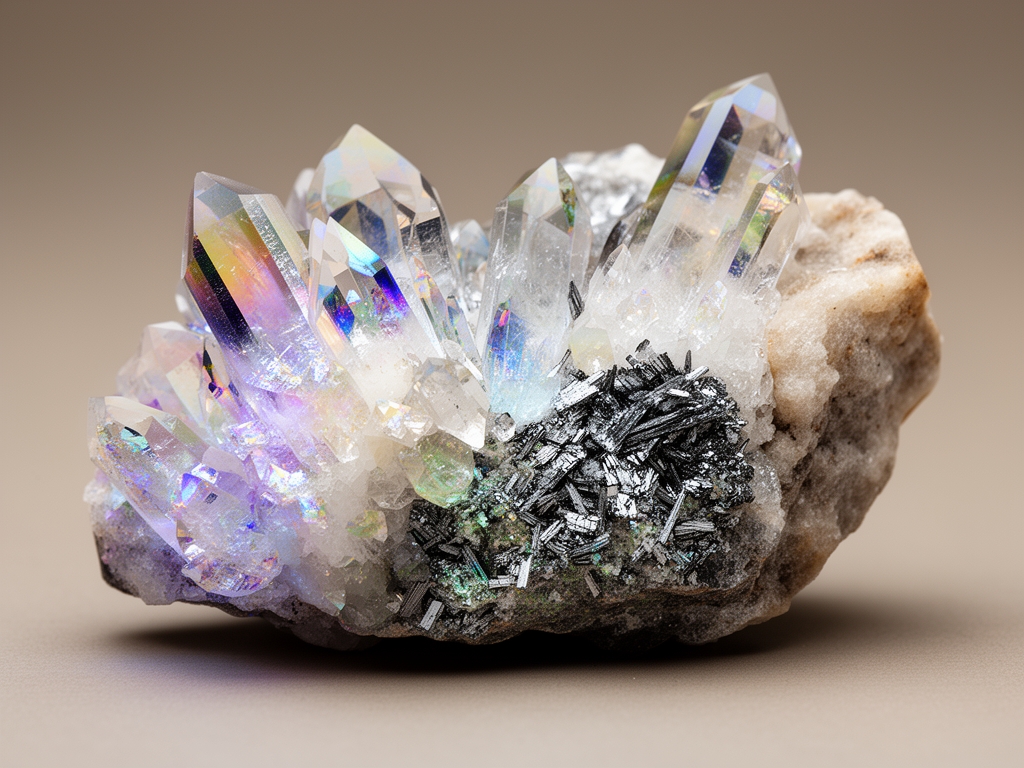 Photographie scientifique artistique de cristaux minéraux naturels — quartz, mica, feldspath — photographiés en macro avec éclairage polarisé qui fait apparaître des structures géométriques aux couleurs spectrales